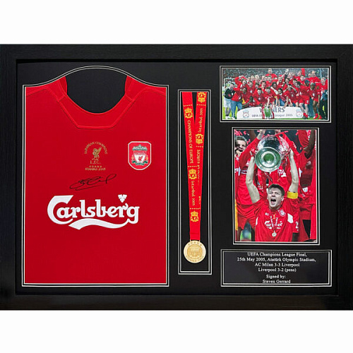 Футболка с автографом Стивена Джерарда Liverpool FC 2005 Gerrard Signed Shirt & Medal (Framed)