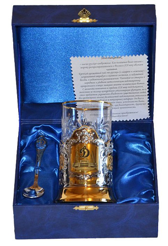 Стакан с подстаканником+ч.лож "Д" в атл.коробке(хрусталь+позолота)