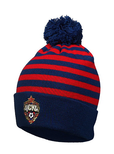 Шапка ЦСКА 11483, с помпоном красно-синяя в мелкую полоску