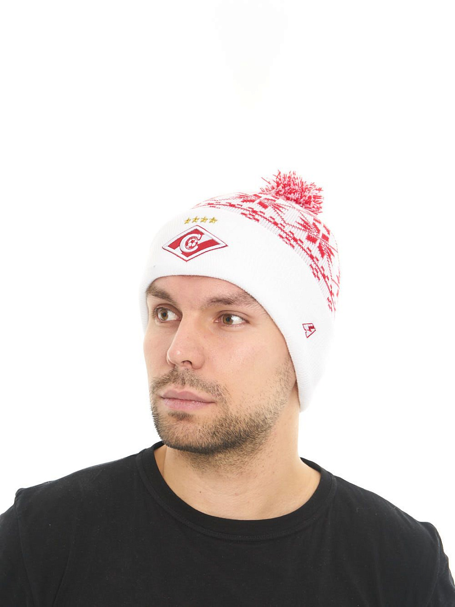 Шапка Спартак 00143 белая с красным узором с помпоном