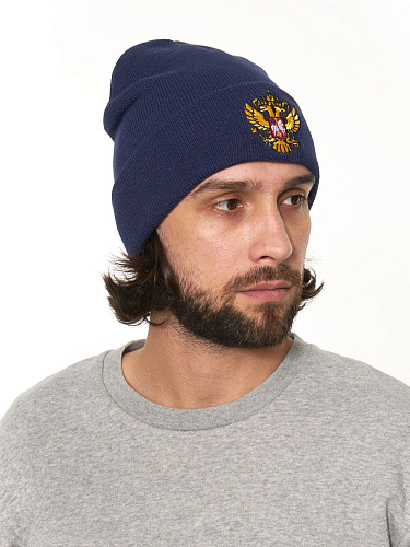 Шапка Россия 11349 темно-синяя с отворотом с гербом