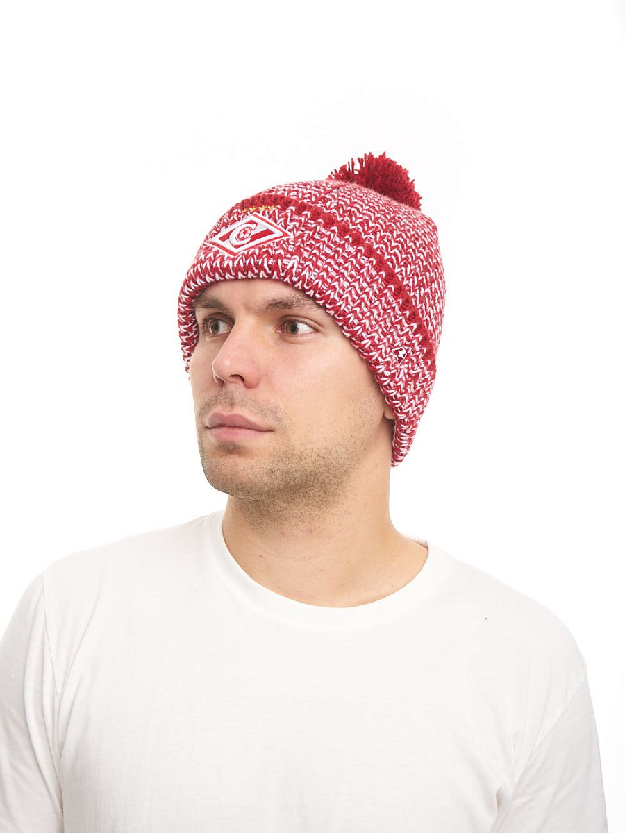 Шапка Спартак 00150 красно-белая крупная вязка с помпоном